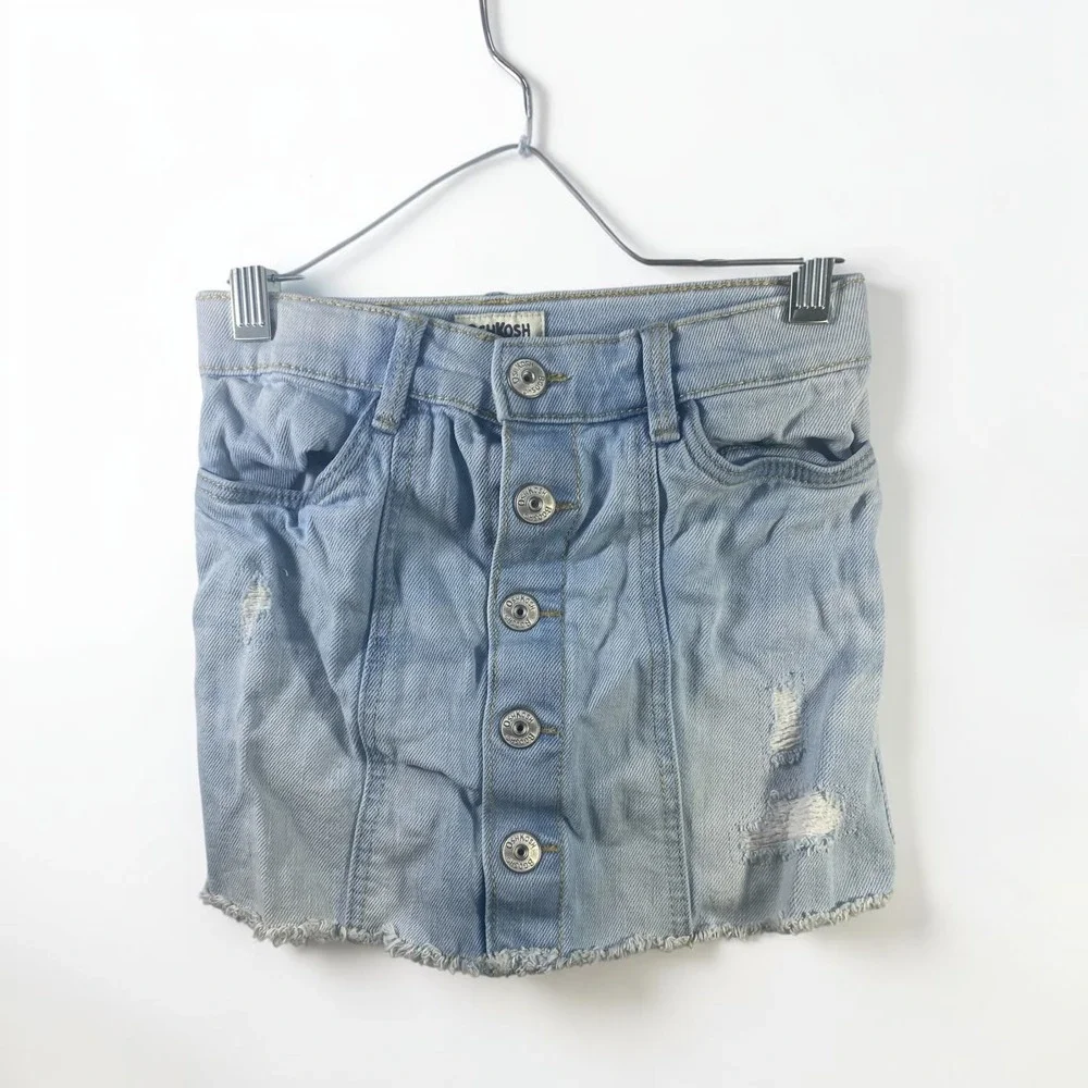 OshKosh Bgosh Girls Light Wash Distressed Denim Skirt Button Front Size 6